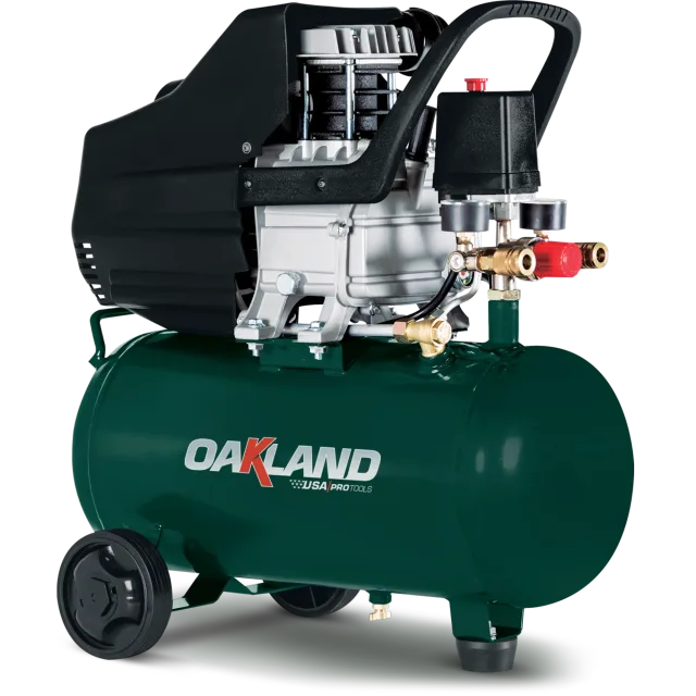 Compresor de aire Oakland verde de 25 litros con tanque horizontal y dos ruedas